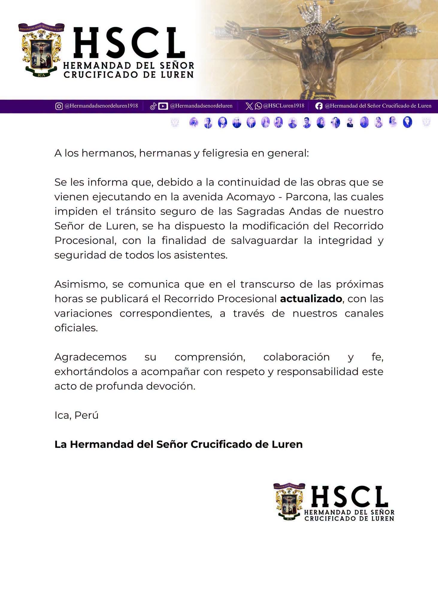 MODIFICAN RECORRIDO PROCESIONAL DEL SEÑOR DE LUREN